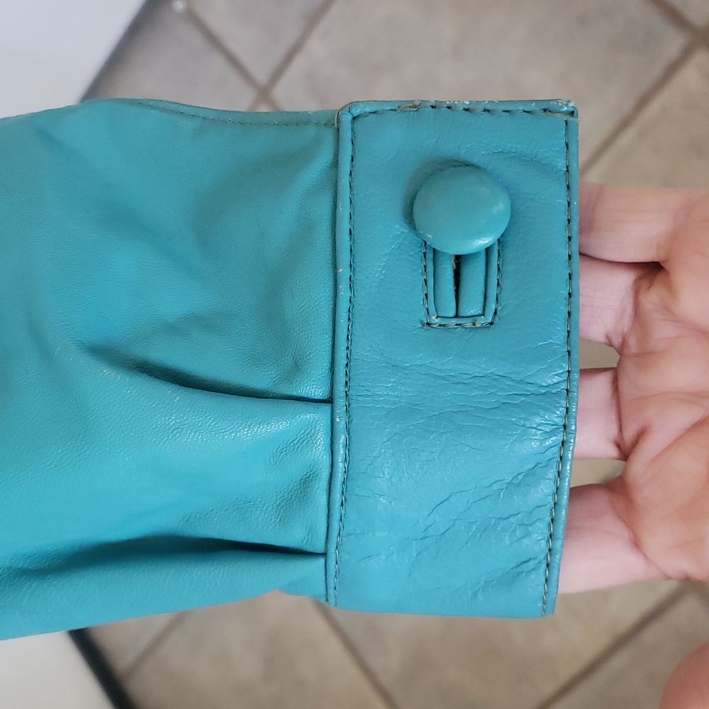 Vintage 80's Turquoise Leather Belted Jacket - Picture 11 of 15